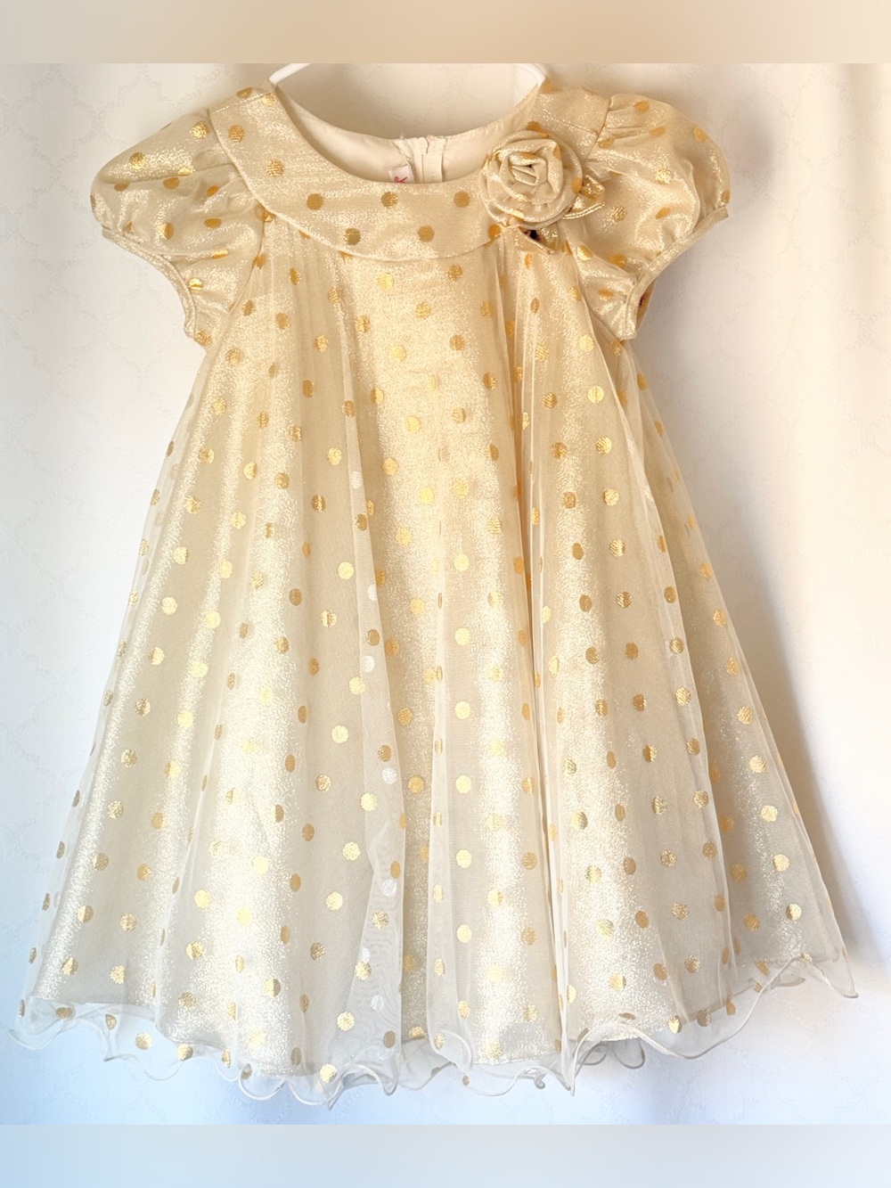 Jessica Ann Girls Gold Metallic Polka Dot Tulle Dress Sz 6
